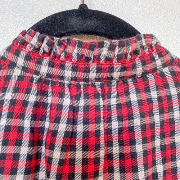 LOFT Red Plaid Ruffle Neck Button Down Top Size Medium - Picture 7 of 8